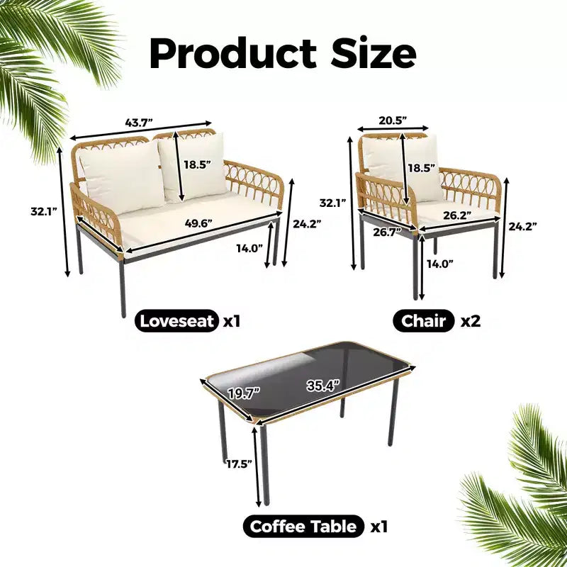 Wicker 4 Pieces Patio Bistro Sets with Glass Top Side Table and Modern Rattan Chairs, for Apartment, Backyard, Porch, Balcony, Lawn