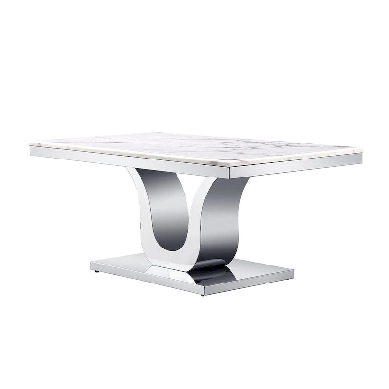 White Coffee Table with Stainless Steel Silver U Base and 48 smooth white textured top For Living Room