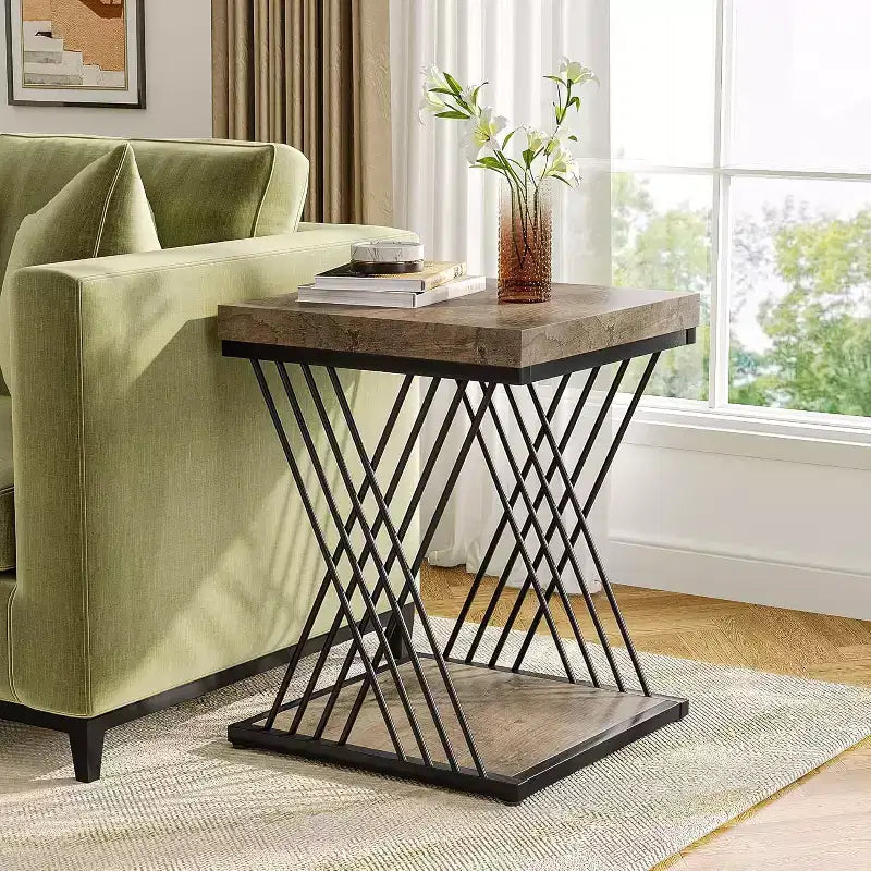 2-Tier Square End Table / Side Table �C Marble Veneer, Cross-Bar Design