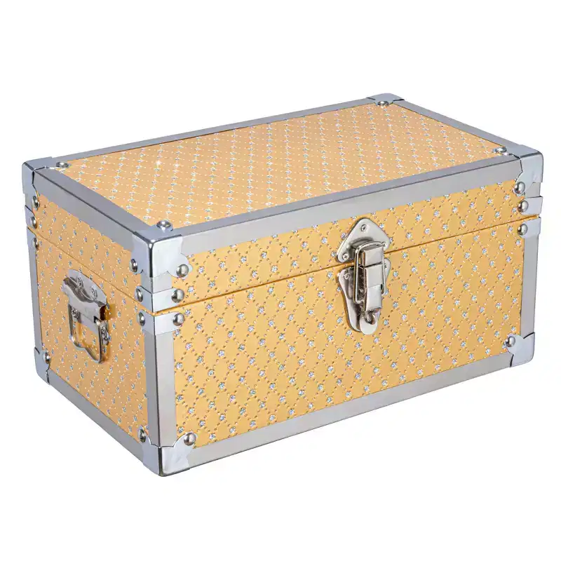 Small Decorative Wood Storage Trunk with Metal Accents, Gold and Silver