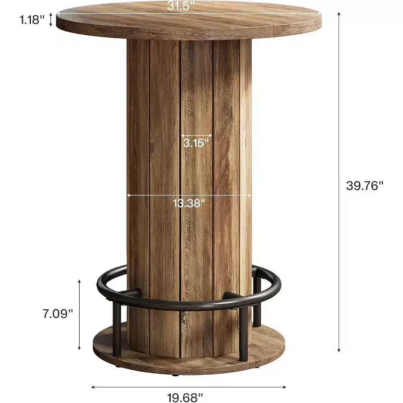Lantine Round Bar Height Dining Table with Wood Strip Base and Footrest, Brown, Ideal for Dining Room, Restaurant, Cafe, etc. (Only Table)