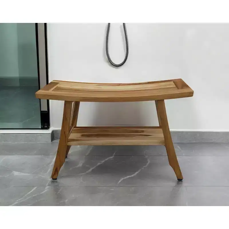 28" Natural Solid Teak Rectangular Shower Bench With Shelf