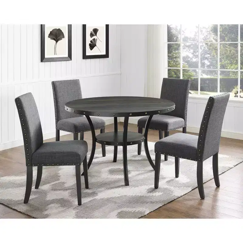Roundhill Furniture Biony Espresso Wood Dining Set with Fabric Nailhead Chairs