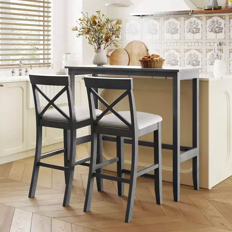 3 Pieces Wood Bar Height Dining Table Set, Farmhouse Rectangle Kitchen Breakfast Nook with 2 Chairs for Small Places