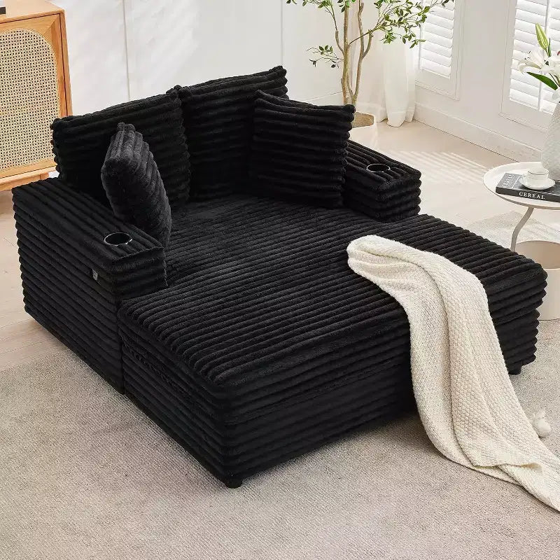 Oversized Chaise Lounge Chair with Throw Pillows and Armrests, Corduroy Upholstered Sofa Bed for Living Room and Bedroom