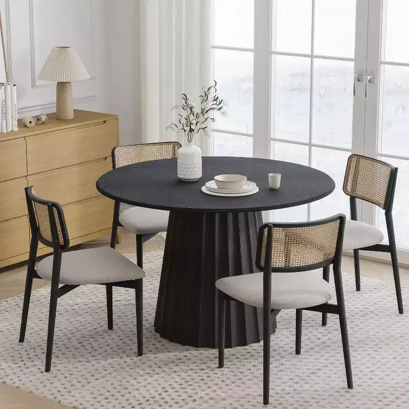 46" Round Solid Wood Dining Table with Pedestal Base, Black, Oak or Walnut