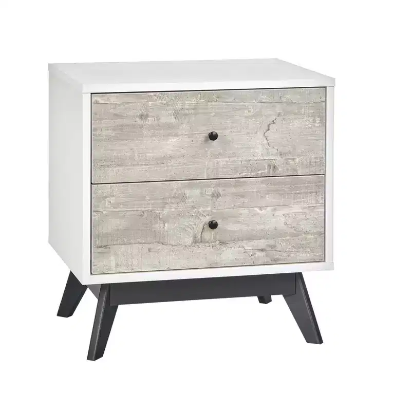 Mid-Century 2-Drawer Nightstand �C White & Weathered Gray