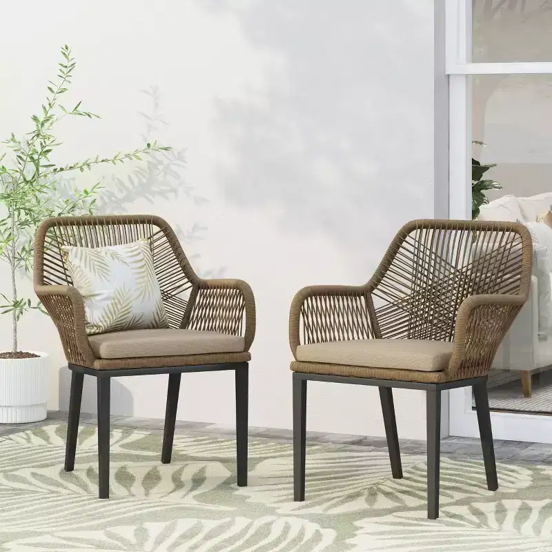 Modern Wicker Patio Chair Set of 2, Tub-Style Outdoor Chairs with Water-Resistant Cushions for Garden Porch Poolside