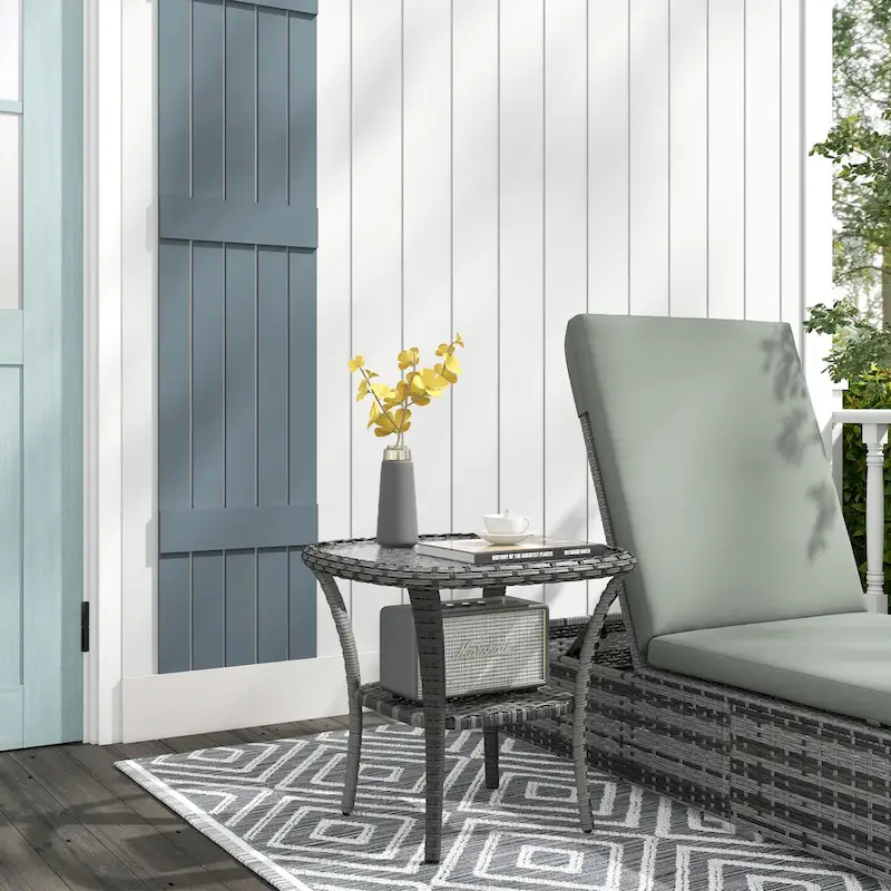 Rattan Coffee Table with Storage Shelf, Wicker Side Table with Glass Top, Outdoor End Table