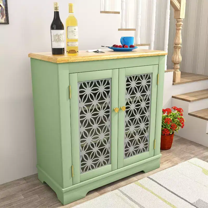 Green / Navy Storage Sideboard Buffet Cabinet with Glass Doors, 2-Door Style, 1 Person Assembly