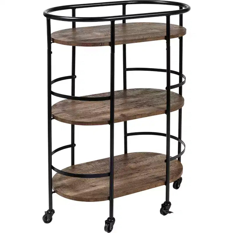 Honey-Can-Do 3 Tier Oval Bar Cart Walnut: Indoor Serving Drink Cart with Steel Frame, Fixed Shelves, 34.8 Height
