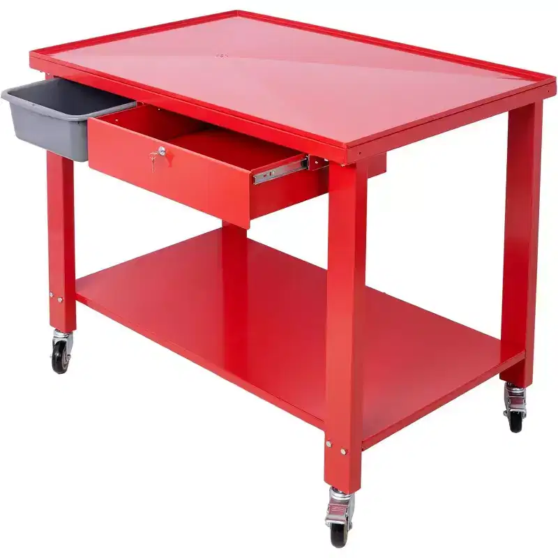 Steel Work Bench with Tilt Top, Drain Pan, and Locking Drawers (Red)