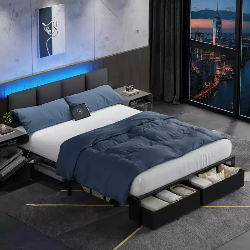 Modern Queen Bed Frame with Adjustable Headboard 2 Storage Drawers LED Lights Charging Station Grey Upholstered Platform Metal No Box Spring Needed