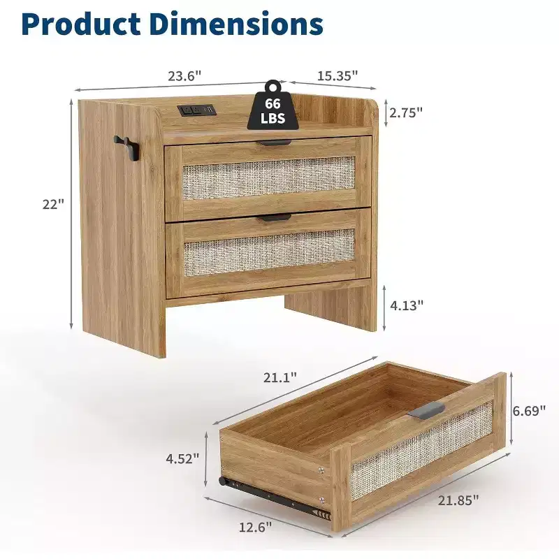 Rattan Bedside Table Nightstand, 2 Drawer, 2 Pcs Bedside Cabinet, Bedroom Organizer and Storage Cabinet for Bedroom Living Room Home Office