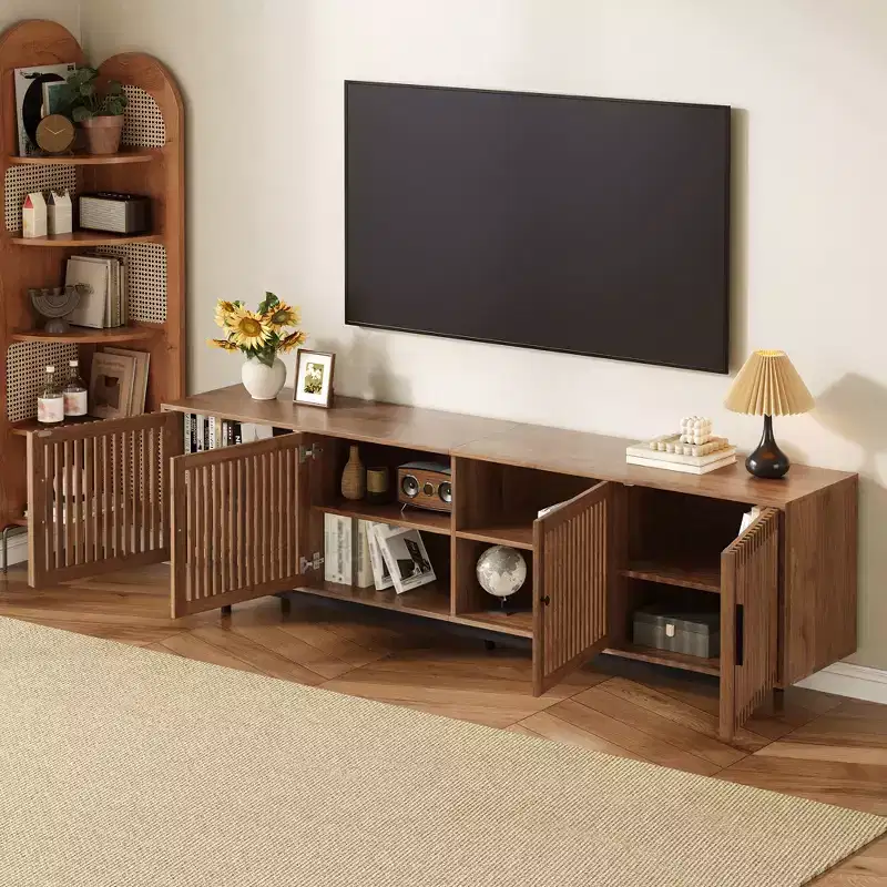 GDFStudio Leighton 78 Modern TV Stand with Slatted Door Design and Closed Storage