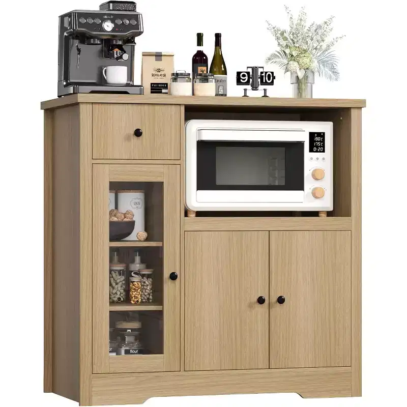 Floor Cabinet Wooden Storage Organizer with 3 Door and 1 DrawersAdjustable Shelf, Wooden Sideboard with Wide Free-Standing Cupboard for Kitchen