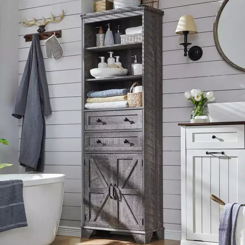 72 Tall Bathroom Storage Cabinet with 2 Drawers, Adjustable Shelves & Barn Door, Black