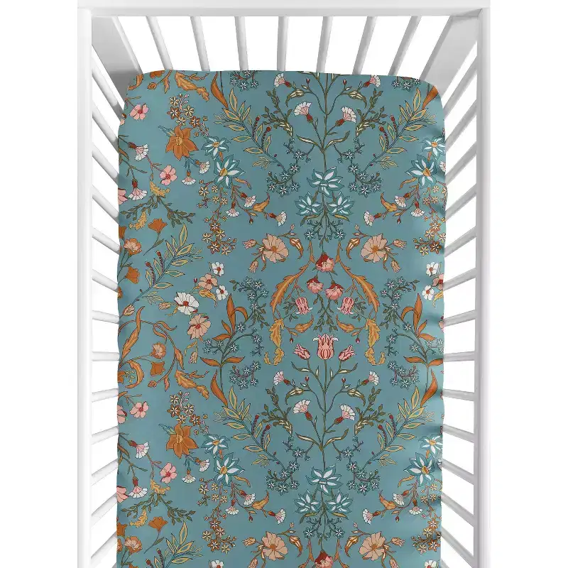 Sweet Jojo Designs Girl Fitted Crib Sheets Set Boho Floral Wildflower Blue Orange and Pink 2pc
