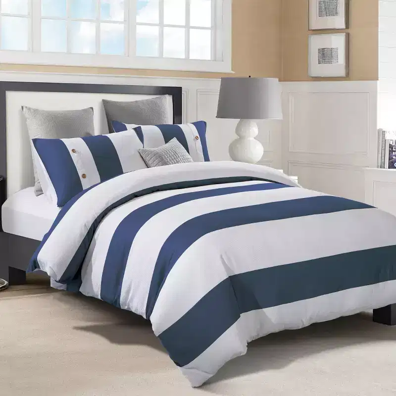 Modern Embroidered Stripe Cotton Duvet Cover and Pillow Sham Set - Blue Nile Mills