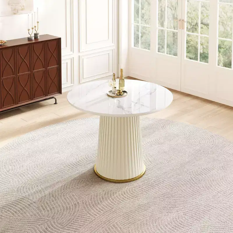 GDFStudio Valenza Modern Round Dining Table with Sintered Stone Top and PU Leather Pedestal
