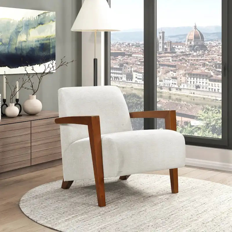 Beige Chenille Mid-Century Accent Armchair with Chestnut Wood Legs for 1 Person
