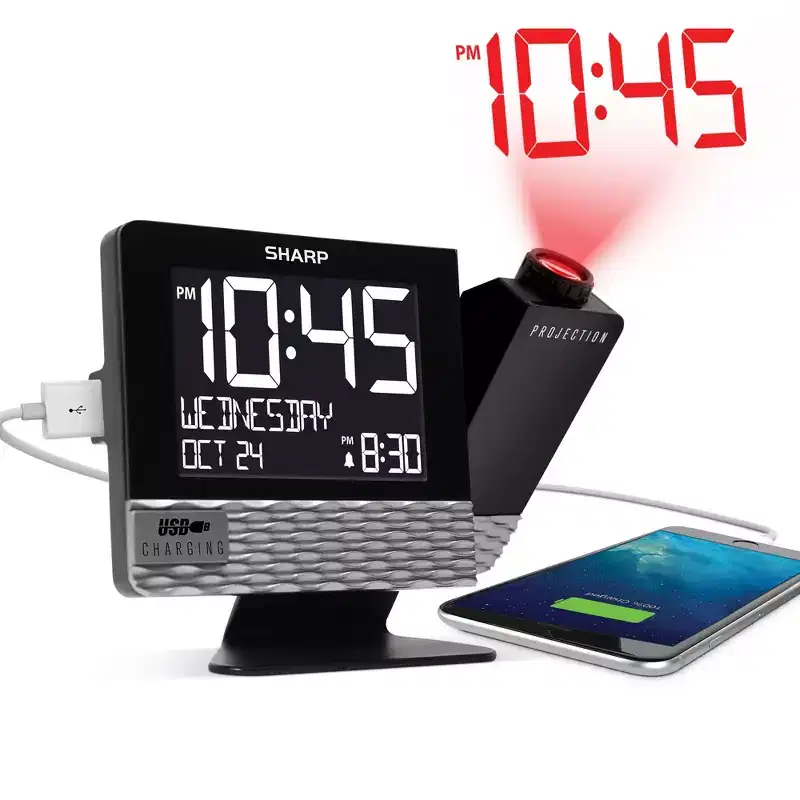 Projection with Usb Charge Table Clock Black - Sharp: Modern LED Display, Snooze, Wall Projection Feature