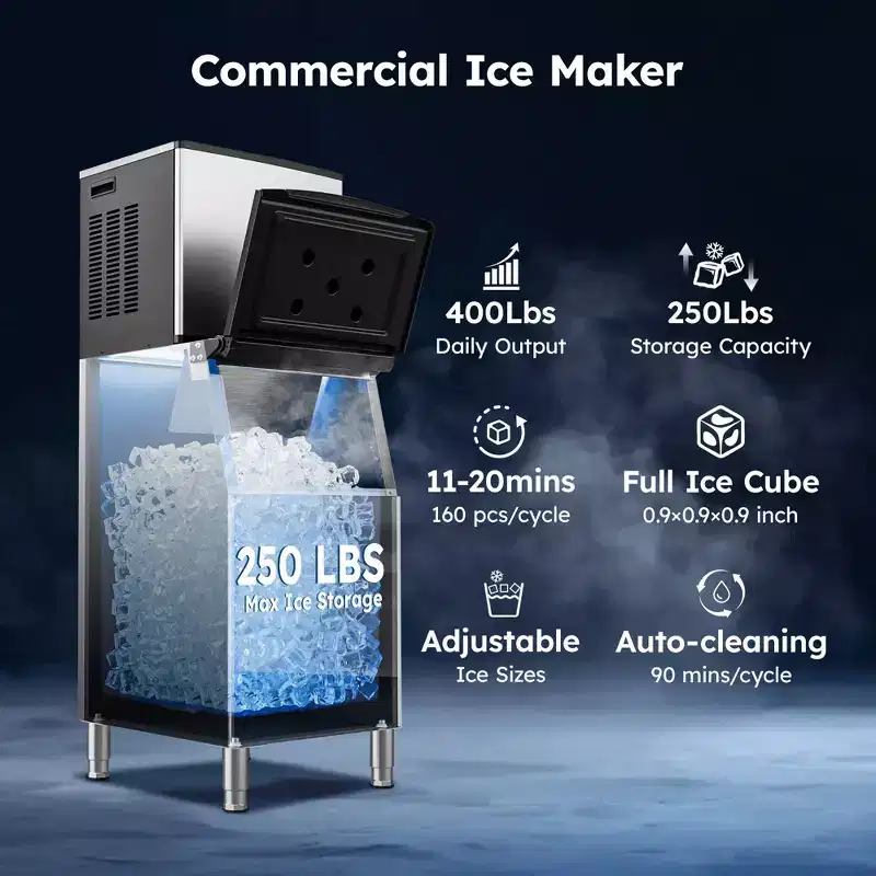 Simzlife 400 Lbs/24H Commercial Ice Maker Machine, Stainless Steel Clear Ice Cube Maker with 250 lb. Storage Capacity