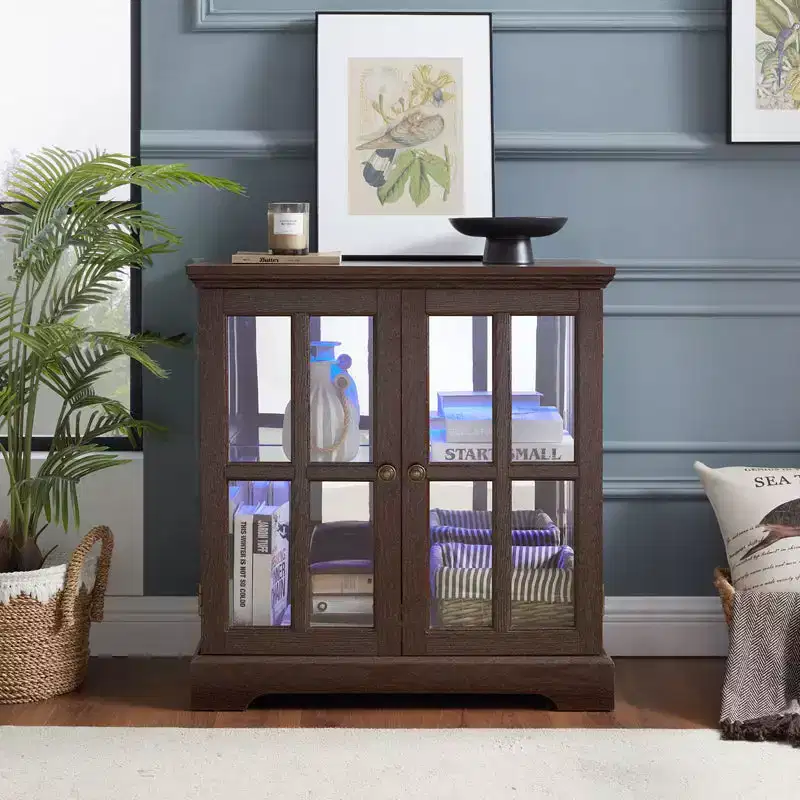 Antique Display Cabinet with Adjustable Shelves, Retro Design Quality Showcase with Lattice Doors Elegant Bookcase and Storage Cabinet for Home Decor