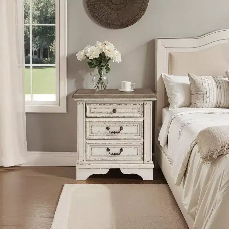 27 Inch Nightstand with 3 Drawers and Built-In Charging Port, Cottage Style