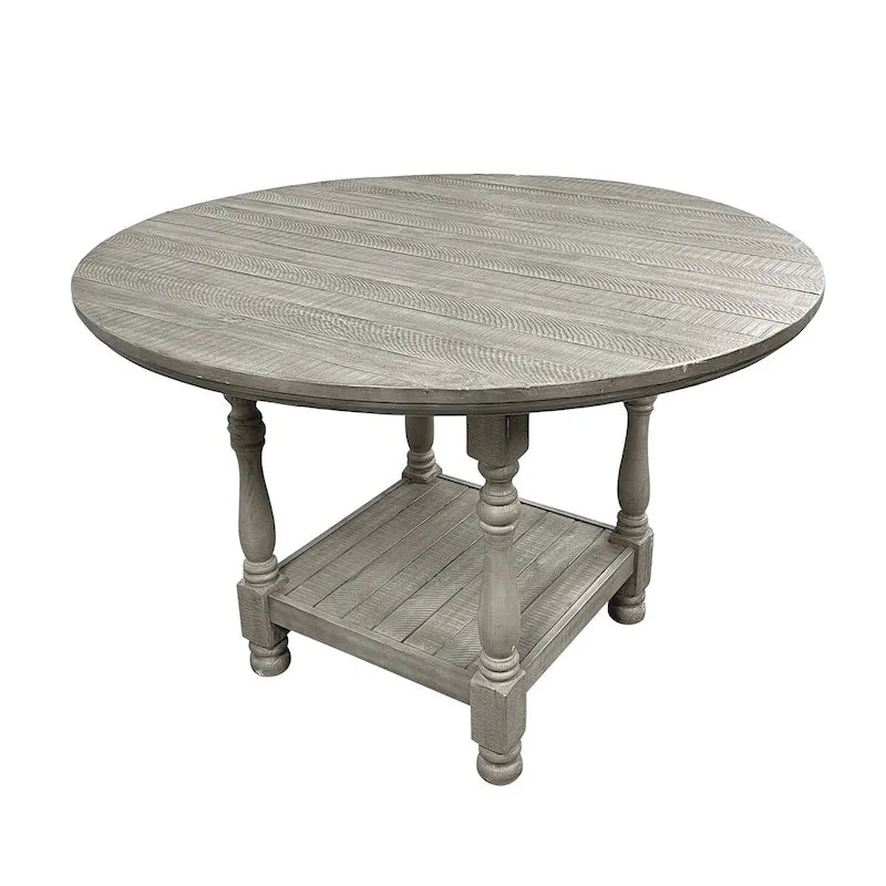 Round Counter Height Dining Table – Light Grey, Wood, Column Legs, Bottom Shelf, Seats 4