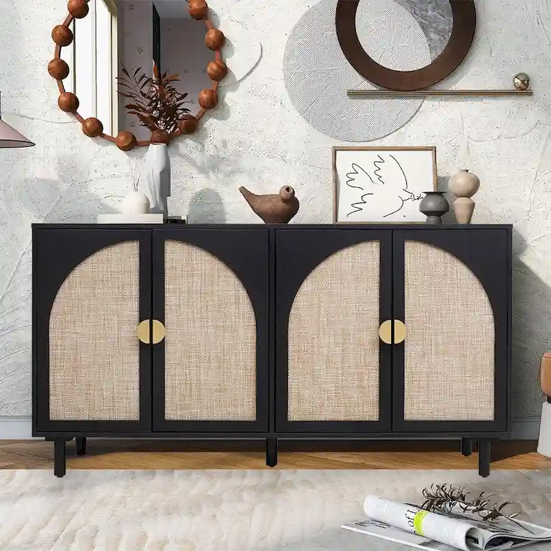Storage Cabinet w/ 4 Rattan Door,Adjustable Shelves,Buffet Cabinet - 59.06Lx15.75Wx31.5H