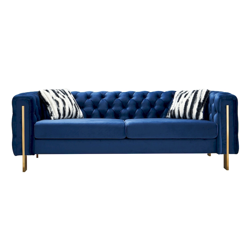 84.25 Button Tufted Upholstered 3-Seater Sofa with Gold Decoration