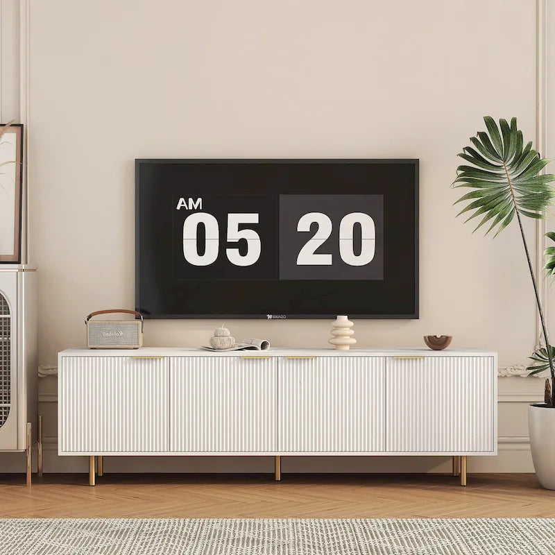 White TV Stand Fluted 68 with Power Outlet,Entertainment Center with Storage Doors,TV Console Media Cabinet,for 55+ Inch TV