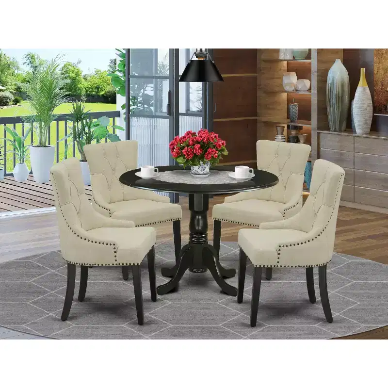HomeStock 5Pc Dining Set Includes a Round Dinette Table with Drop Leaves and Four Parson Chairs with Light Beige Fabric, Black Finish