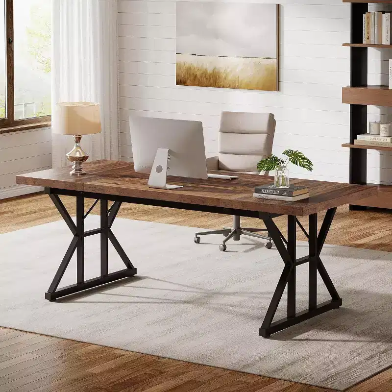 Lantine 70.86-Inch Large Executive Desk, Industrial Home Office Computer Desk, Simple Long Writing Study Table Business Furniture (Brown/Black)