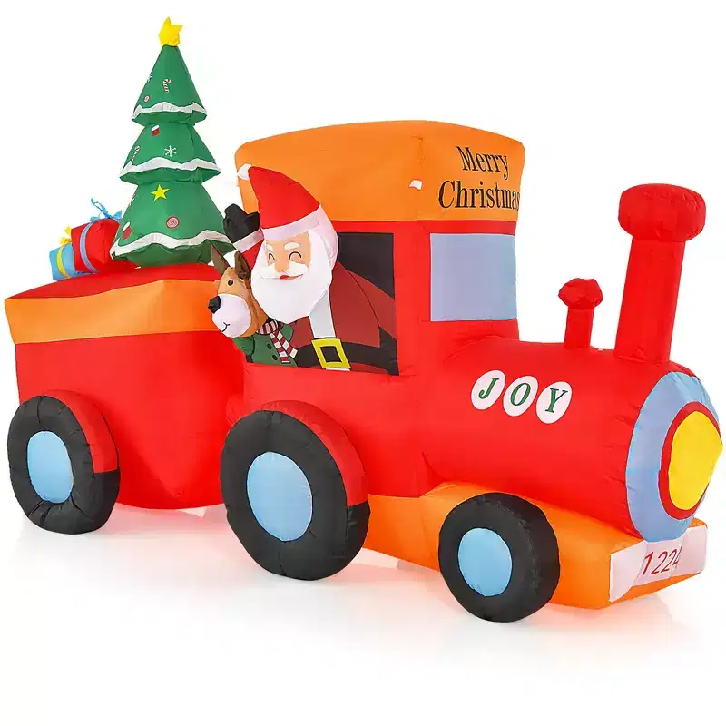 Gymax 8' Inflatable Christmas Santa Train Set w/ Santa Claus Deer & Gift Box Outdoor Decoration w/ Ground Stakes & Bright LED Lights