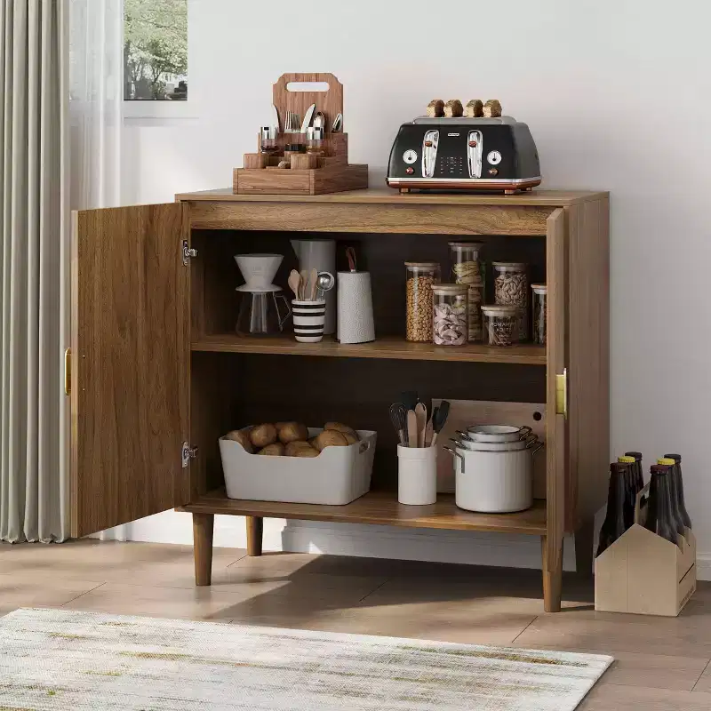 MAYEERTY Wood Buffet Cabinet with Line Groove Design Multifunctional Accent Cabinet for Living Room Kitchen Walnut