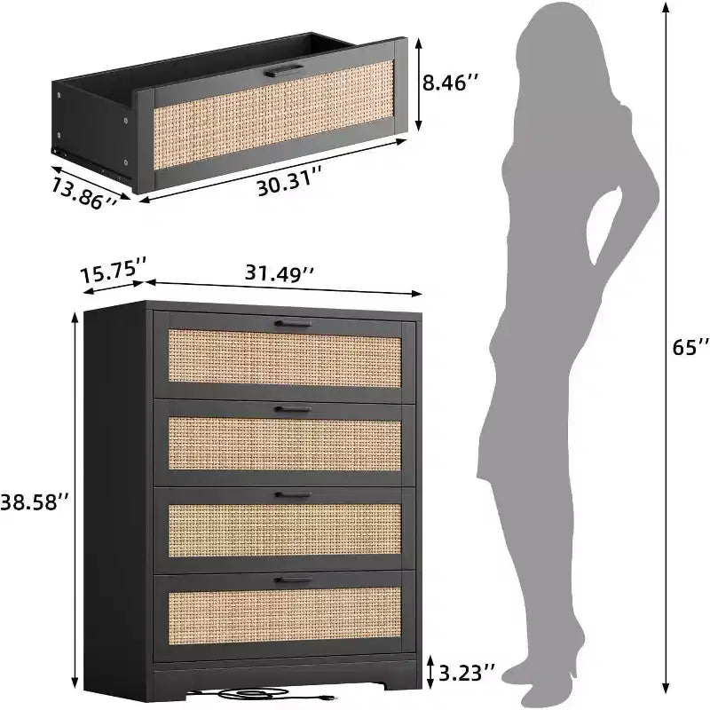 Rattan Dresser with 4 Drawers, Chest of Drawers Storage, Modern Wooden Dresser for Bedroom, for Bedroom, Entryway, Hallway