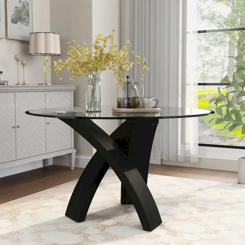 52 Round Glass Top Dining Table with Criss-Cross Pedestal Base