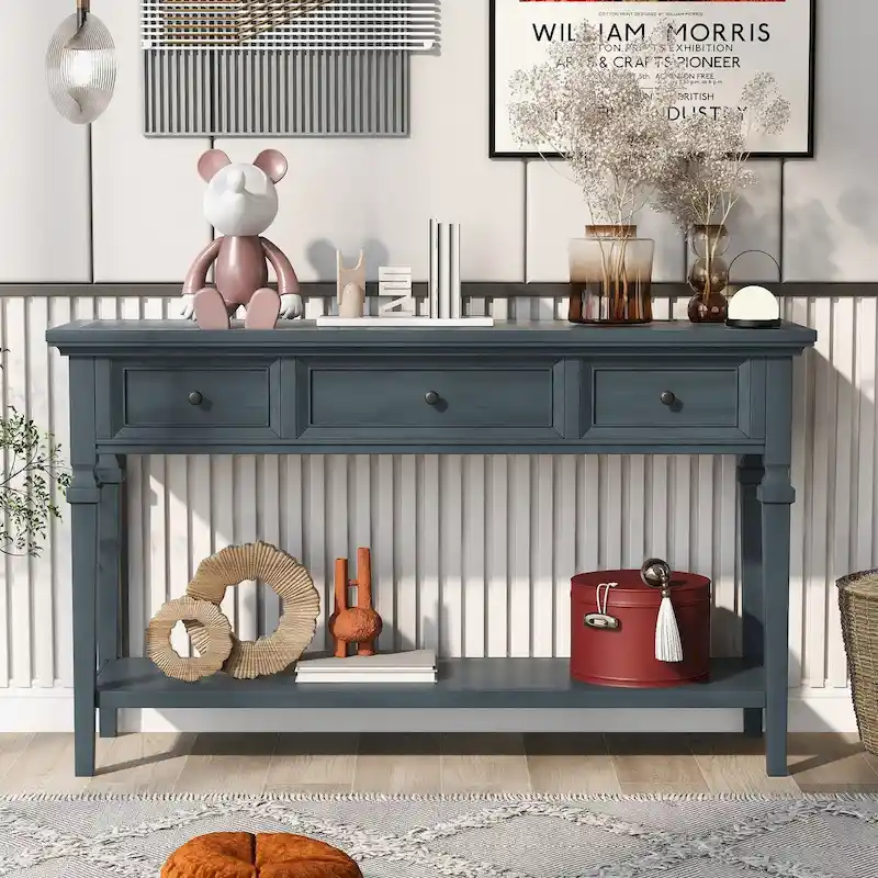 50 Farmhouse 50 Inch Classic Retro Console Three Top Drawers and Open Style Bottom Shelf, Sofa Table with Solid Wooden Frame