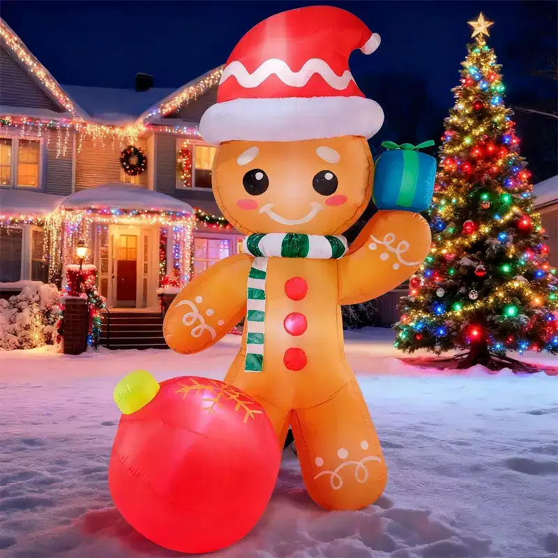 Joyfy 8 FT Christmas Inflatable Outdoor Decorations, Gingerbread Man with Gift Box Inflatable with Built-in LEDs for Xmas Indoor Outdoor Yard Dcor
