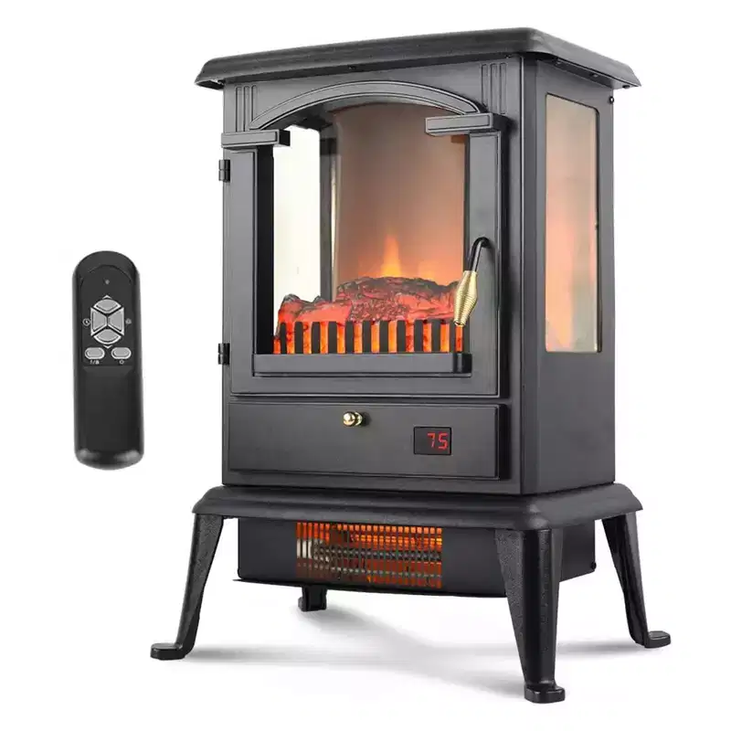 VOLTORB 3-Sided Flame View Infrared Quartz Heater Stove, Free Standing Electric Fireplace for Indoor Use w/Remote Control & Programmable Timer, Black