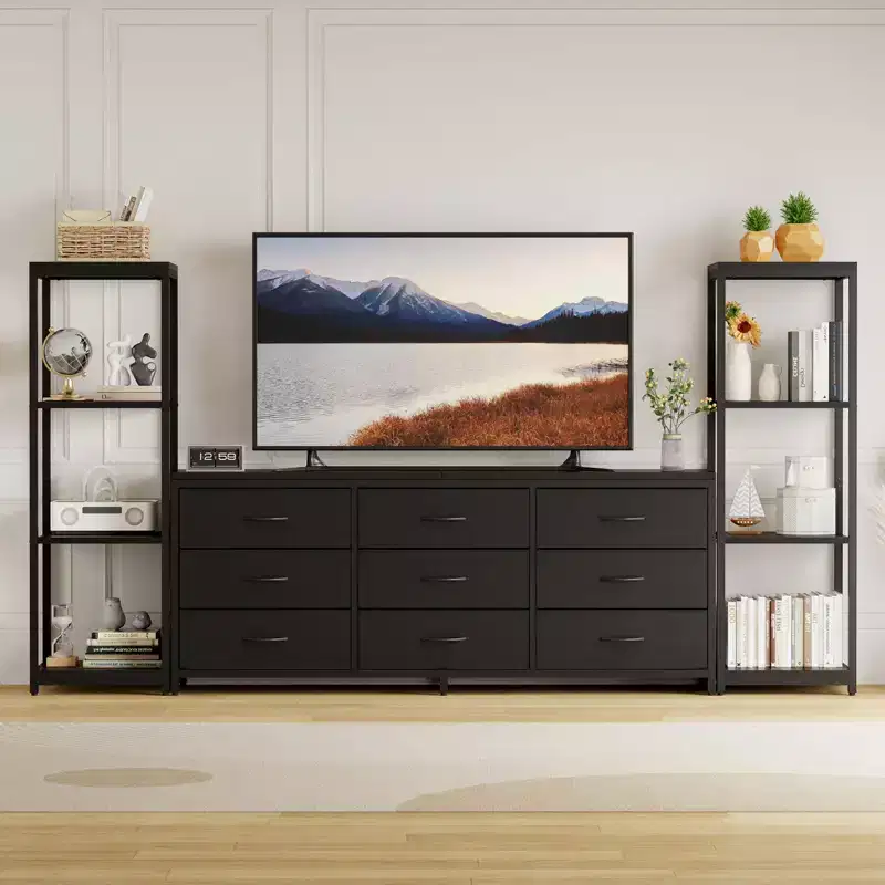 Acekool TV Stand for 75 Inch TV, Modern Entertainment Center with LED Lights, Power Outlets, 6 Drawers & Bookshelves, Black
