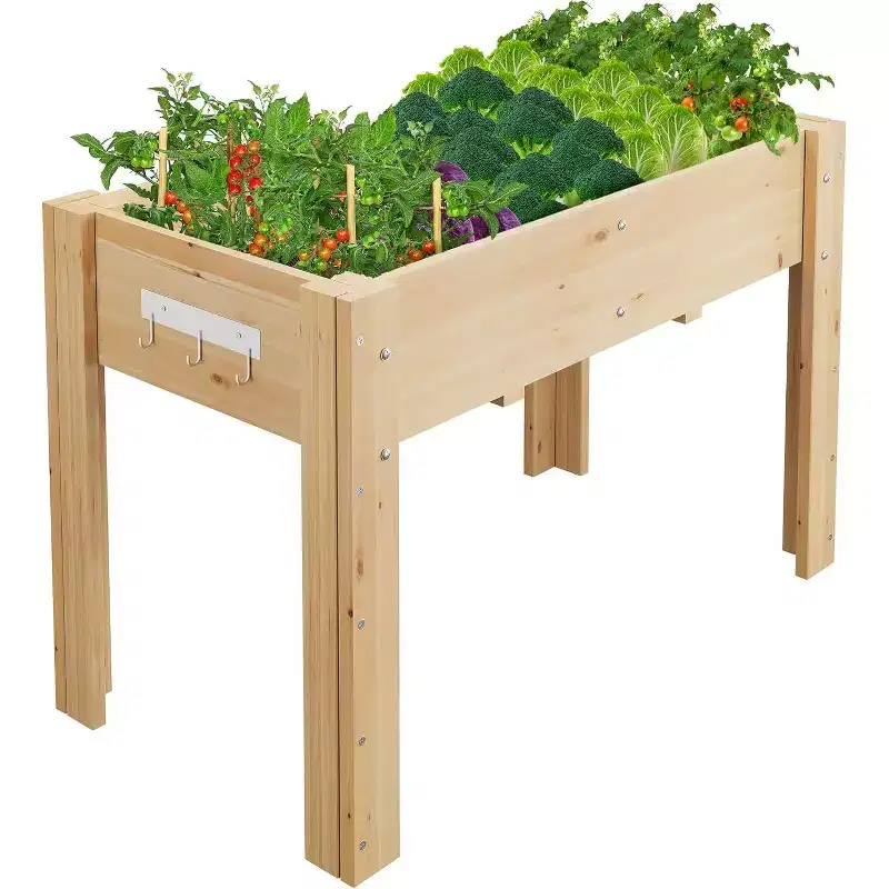 Acekool 47x30x22 Inch Raised Garden Bed with Stand, Elevated Wooden Planter Box with Hooks & Non-Woven Liner for Patio & Backyard Gardening