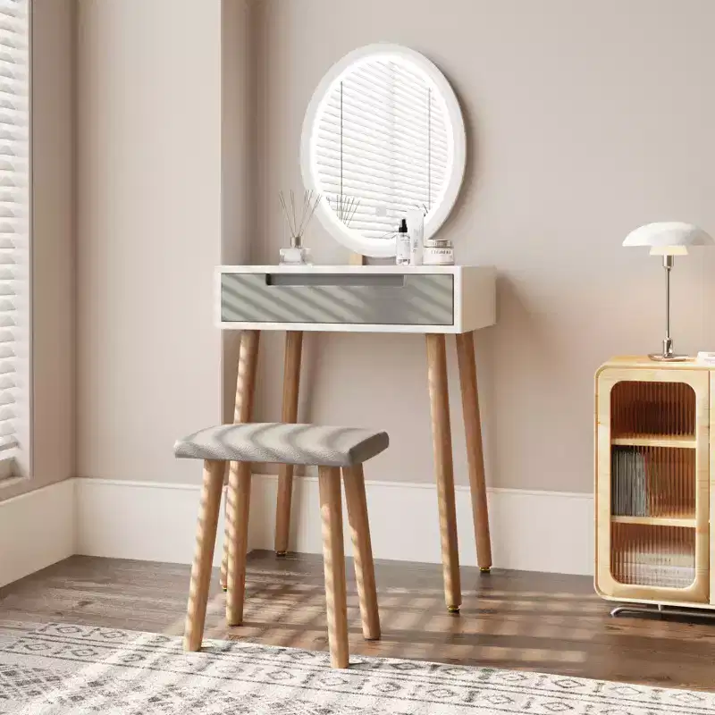 Elecwish Wood Small Vanity Table with Mirror and Chair