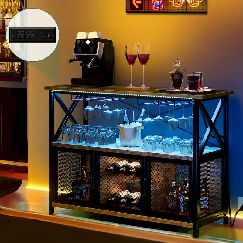 47 Wine Bar Cabinet with LED Lights & Power Outlets