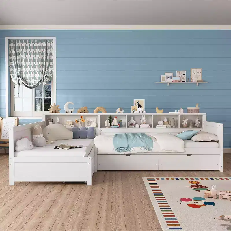 MAYEERTY Twin Size Bed for 2 L-shape Bed Frame with Storage 3 Drawers Wooden Corner Bed with Bookshelf for Bedroom White