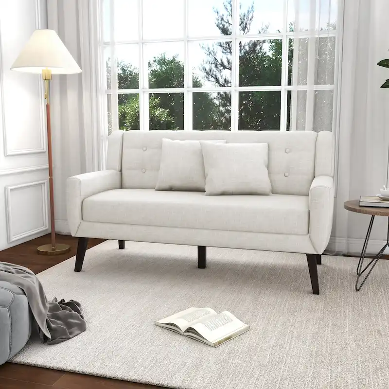 Modern Curved 63  Button Tufted Upholstered Loveseat with 2 Pillows