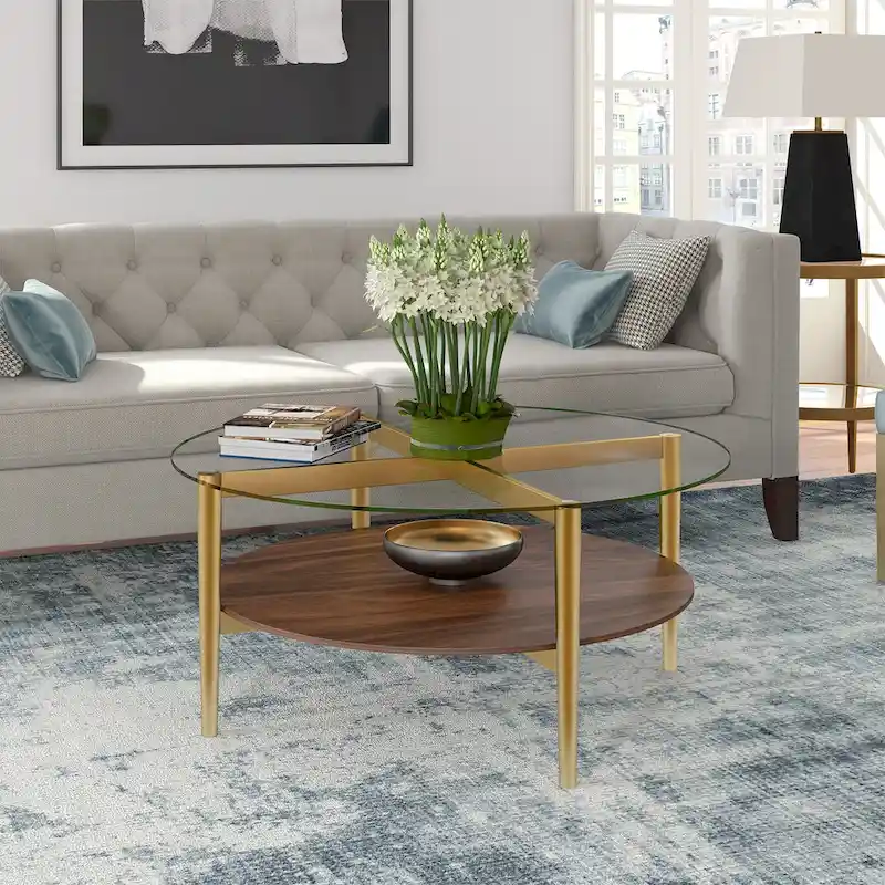 Round Mid-Century Modern Coffee Table with Tempered Glass Top