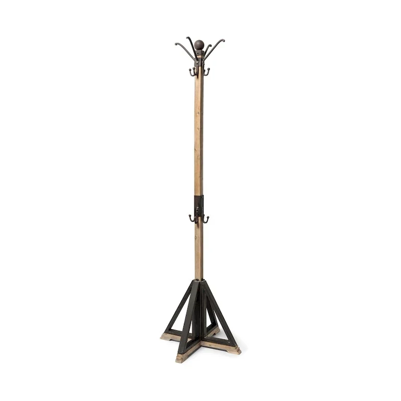 22 x 75 Black Metal and Light Brown Wood Coat Rack